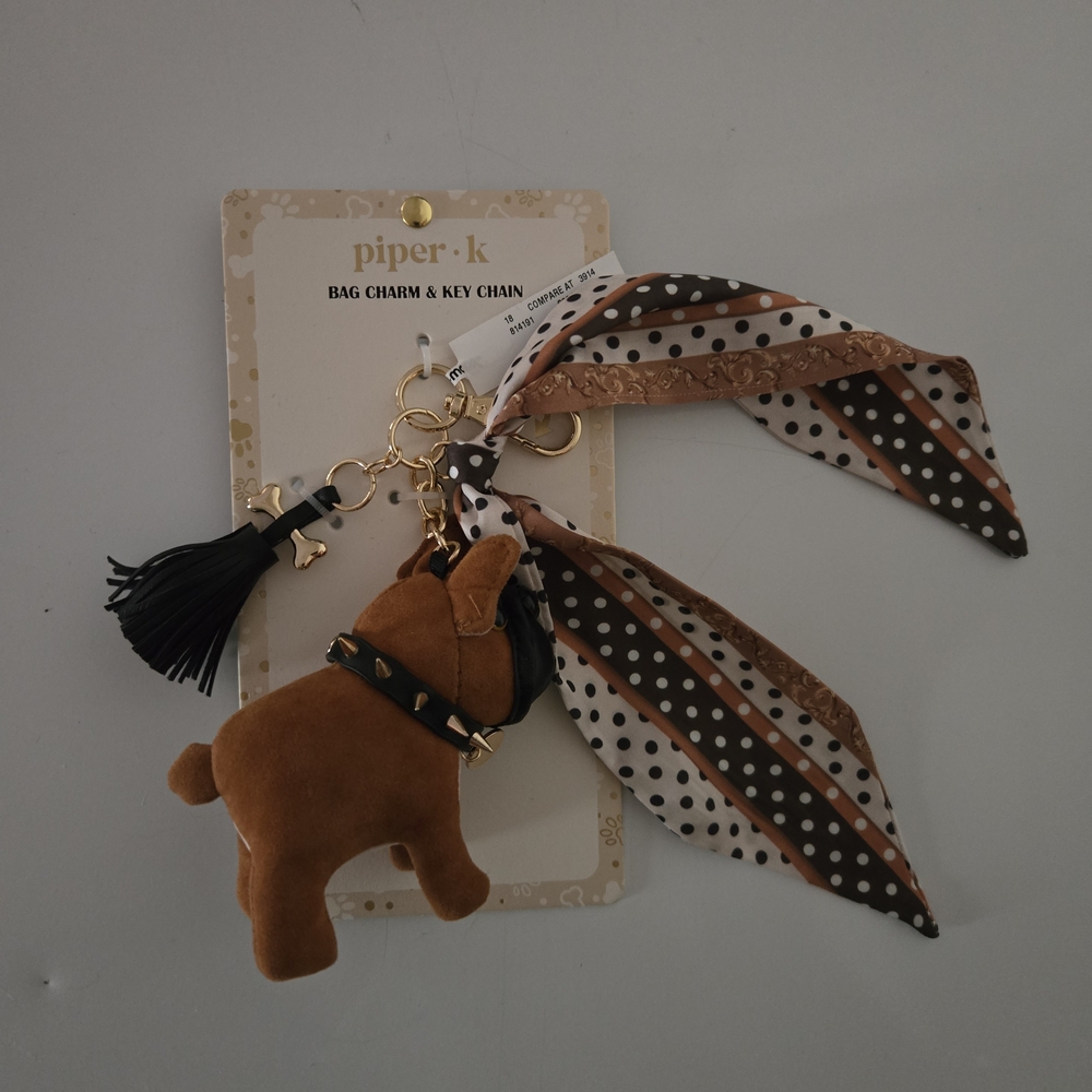 Piper Brown Bulldog Dog Bag Charm Keychain with Black Tassel And Polka Dot Scarf
